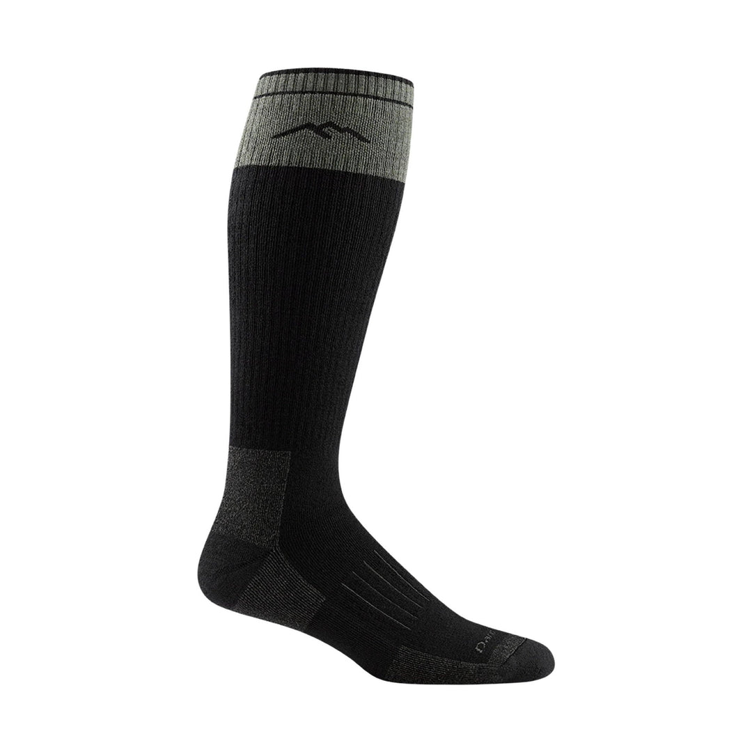 Black over-the-calf athletic sock with a gray cuff and small logo near the top