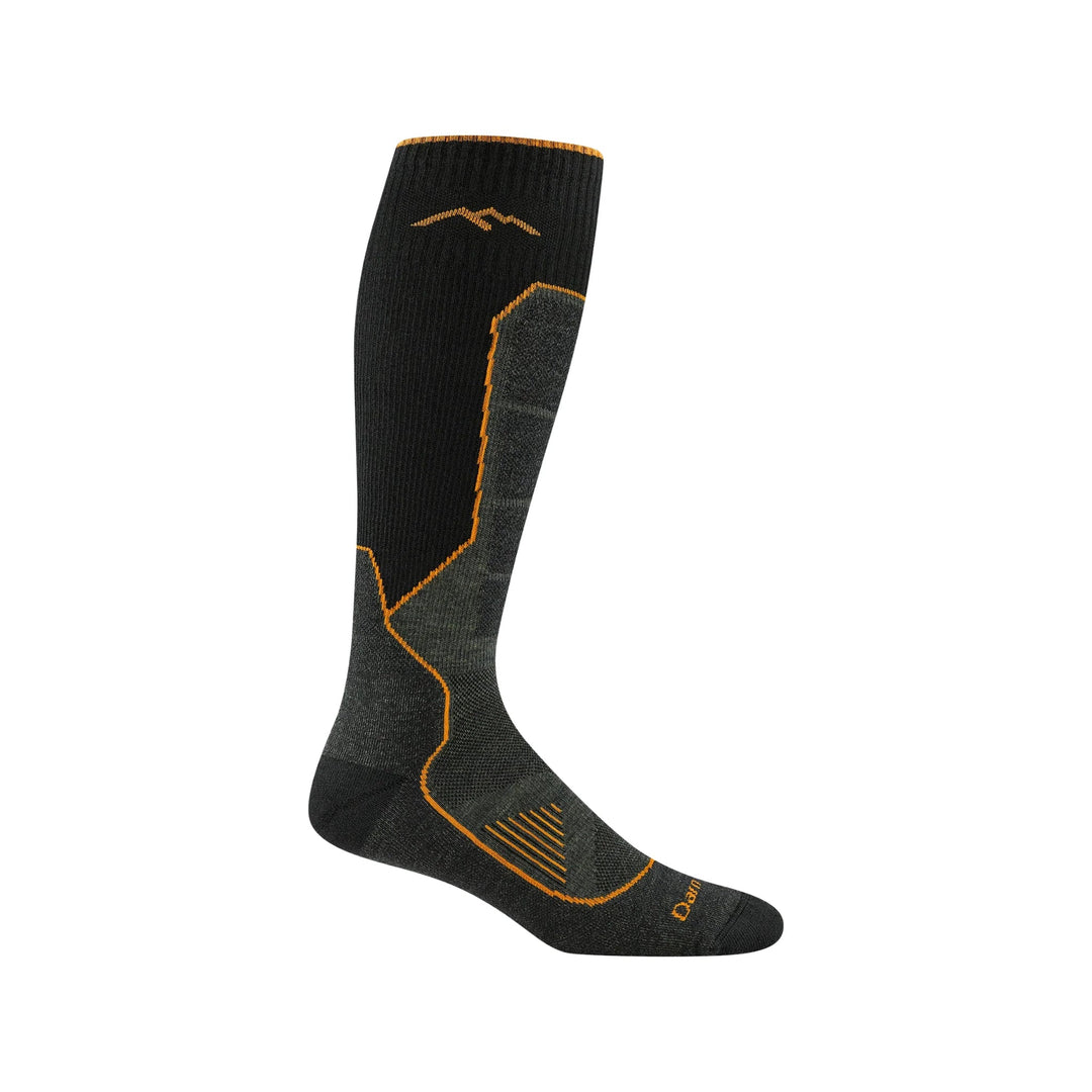 Black knee-high sock with orange stitching accents and textured gray panels