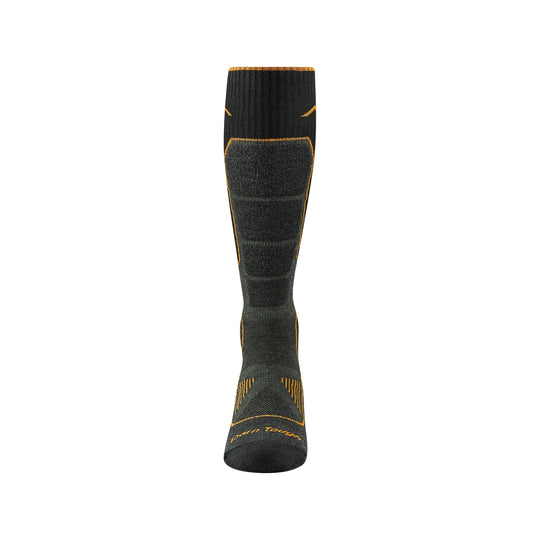 Black and dark gray over-the-calf sock with orange trim and cushioned panels