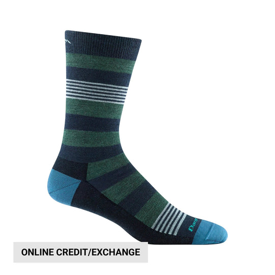Striped crew sock in navy, green, and light blue with visible heel and toe reinforcement