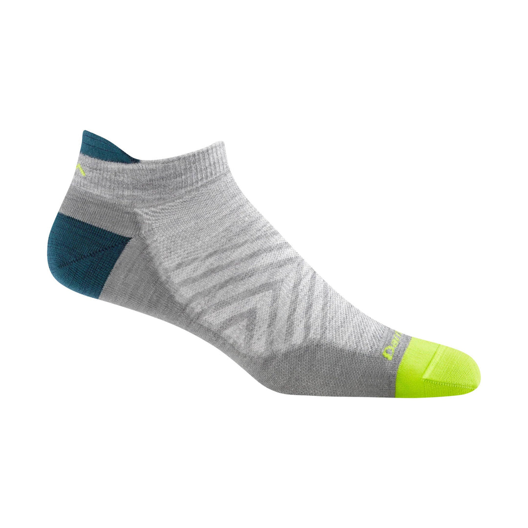 Gray ankle running sock with teal heel and heel tab, plus neon yellow toe cap