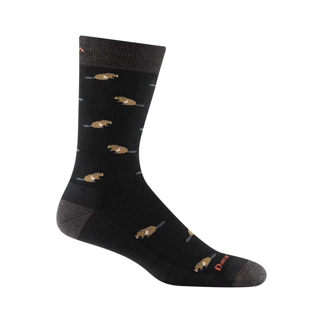 Black crew sock with small tan fish pattern and orange text near the toe
