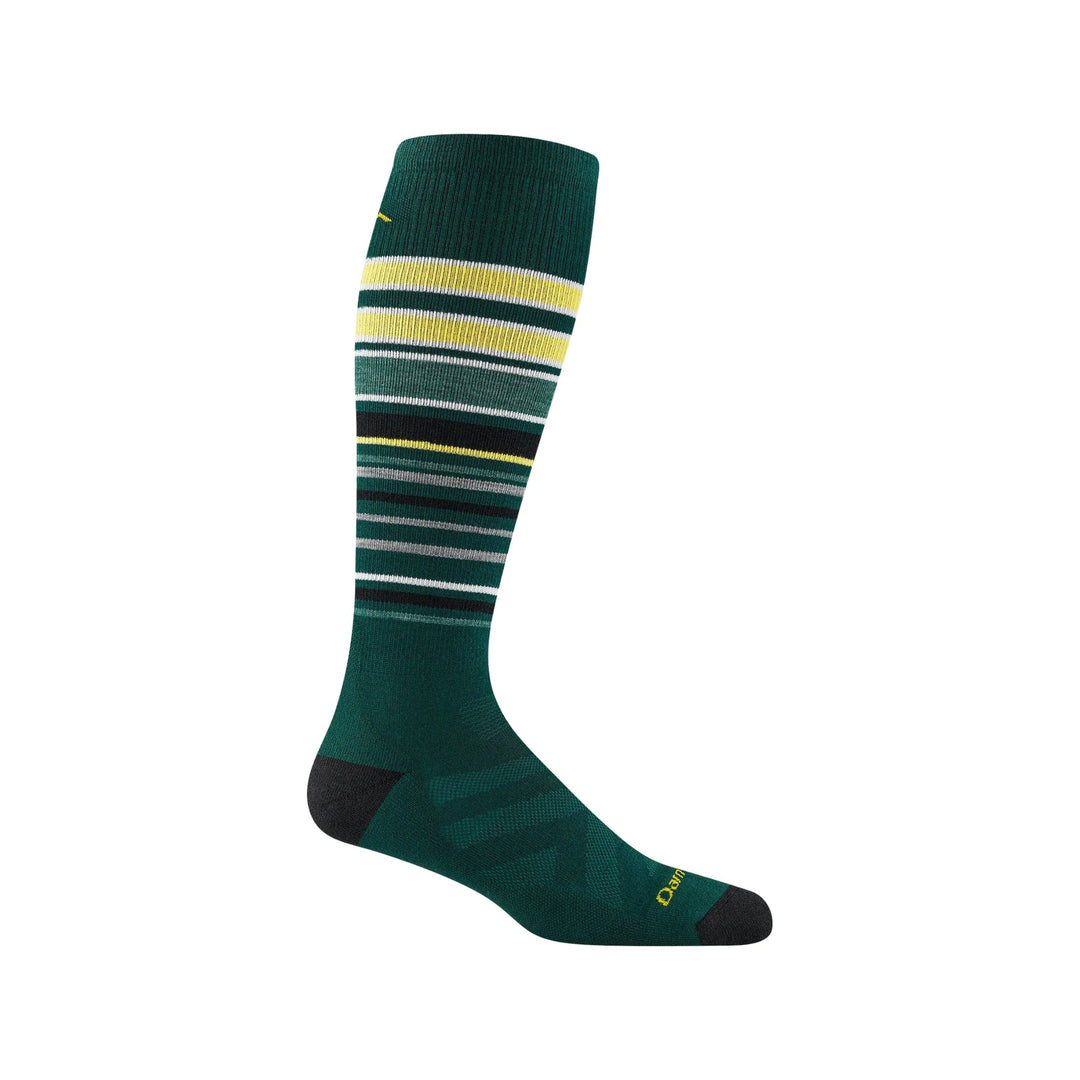 Green over-the-calf ski sock with yellow, white, and black striped bands