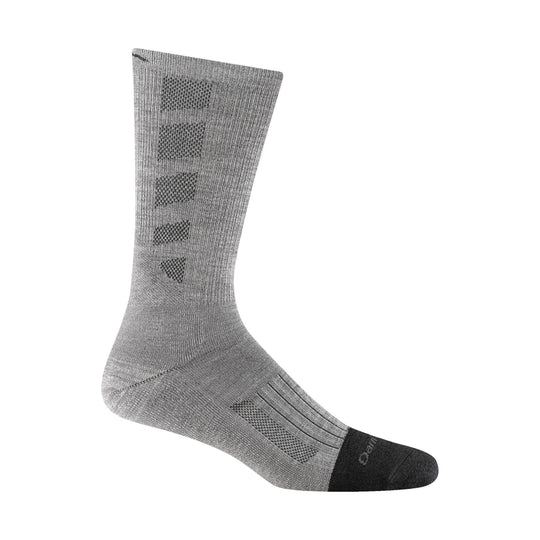 Gray crew work sock with black reinforced toe and heel, textured knit panels, and small visible logo on the foot