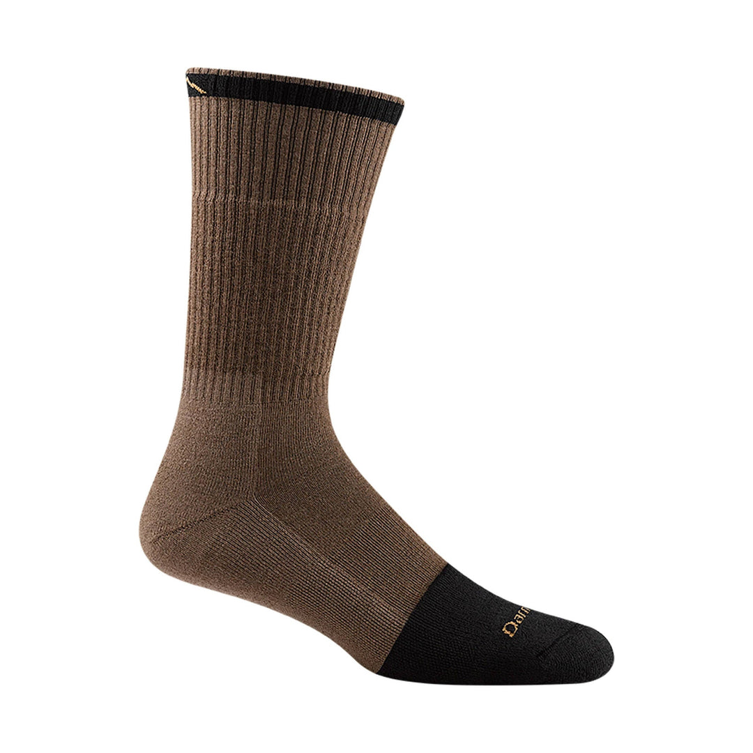 Brown and black crew sock with ribbed calf, black toe and heel, and small logo text near the toe