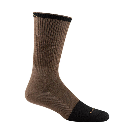 Brown and black crew sock with ribbed calf, black toe and heel, and small logo text near the toe