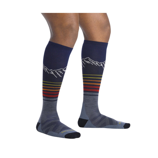 Navy knee-high ski socks with mountain graphic and multicolor striped bands
