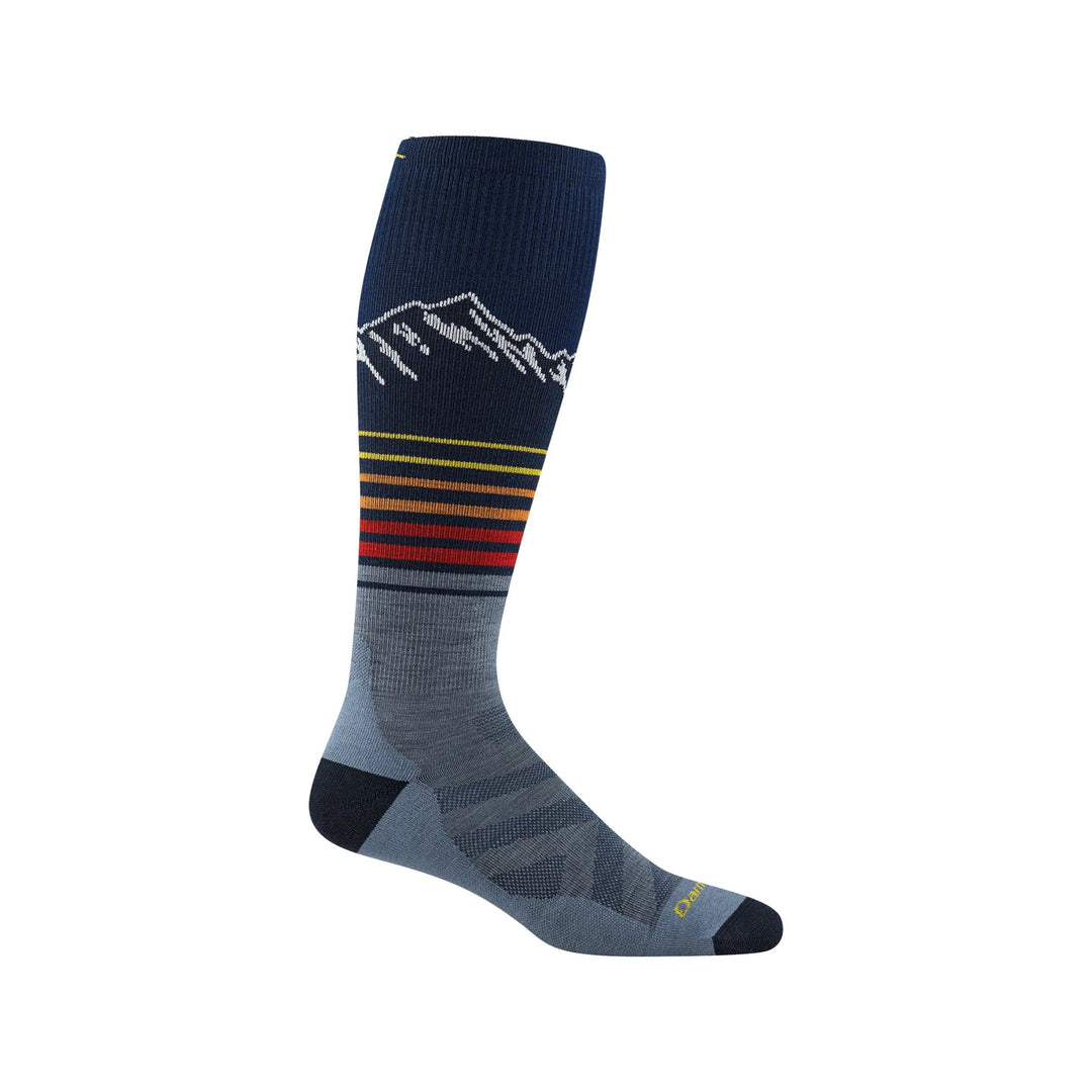 Tall navy and gray ski sock with white mountain graphic and multicolor stripes