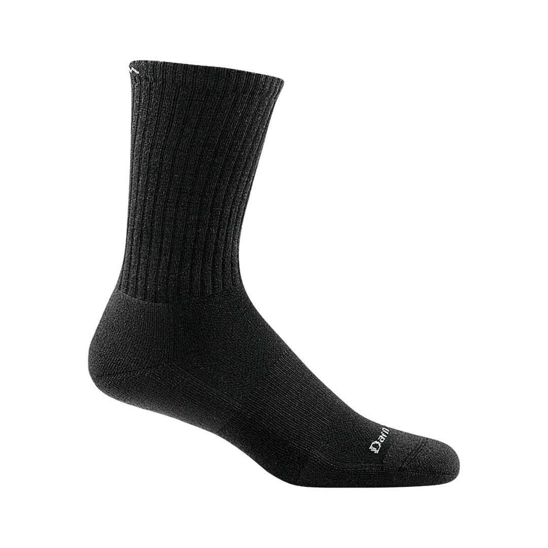 Black crew sock with ribbed calf and small logo on the toe