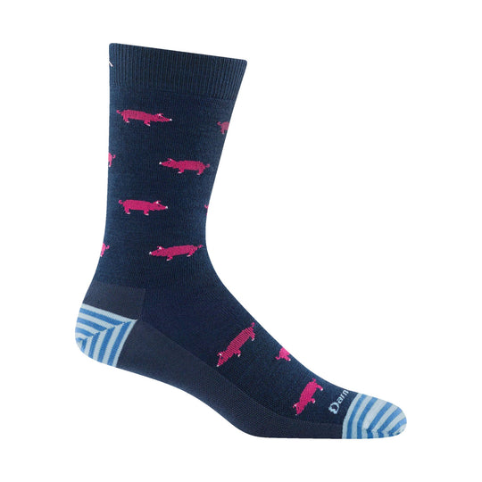 Navy crew sock with bright pink pig pattern and light blue striped toe and heel