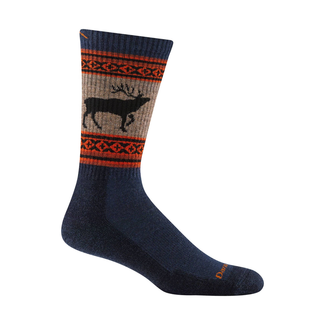 Navy and gray knit hiking sock with orange patterned bands and a black elk silhouette