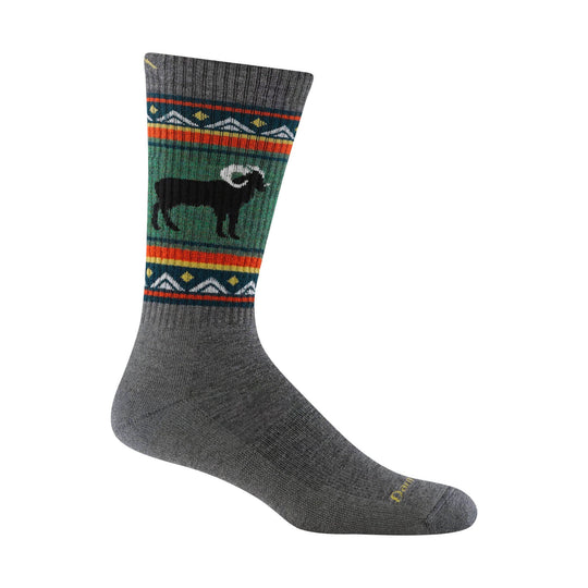 Gray midweight hiking sock with colorful stripe pattern and a black ram graphic