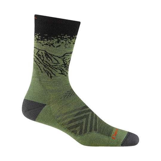 Olive green and black crew running sock with geometric knit pattern