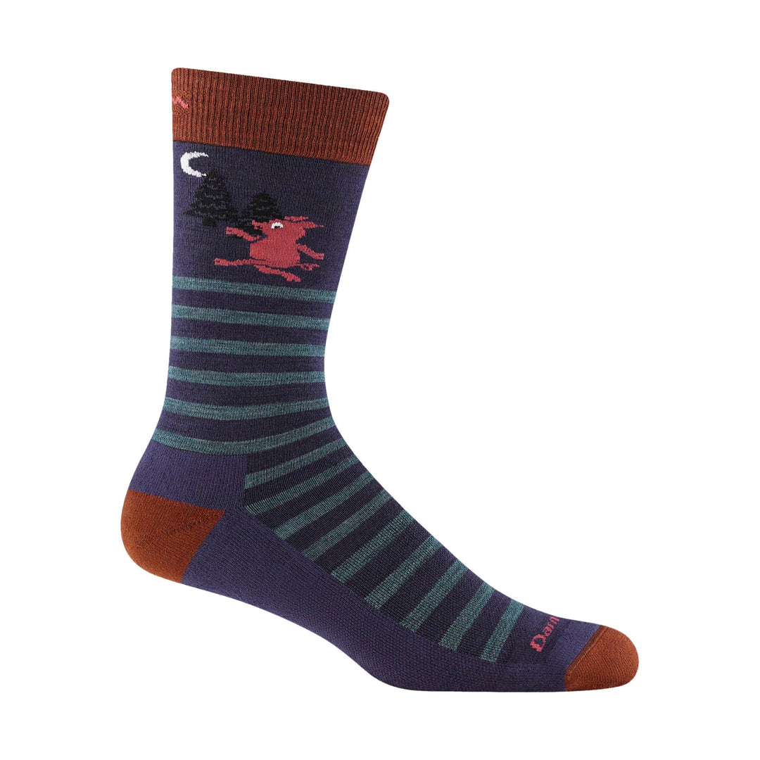 Mid-calf navy sock with brown cuff and toe, teal stripes, and a red animal graphic