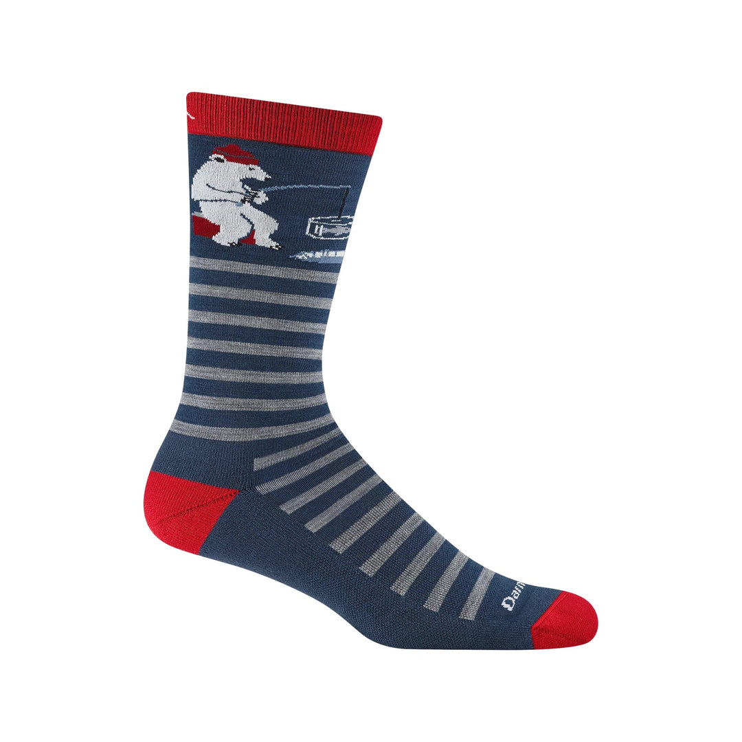 Navy crew sock with red cuff, heel, and toe, featuring a polar bear graphic and gray striped foot
