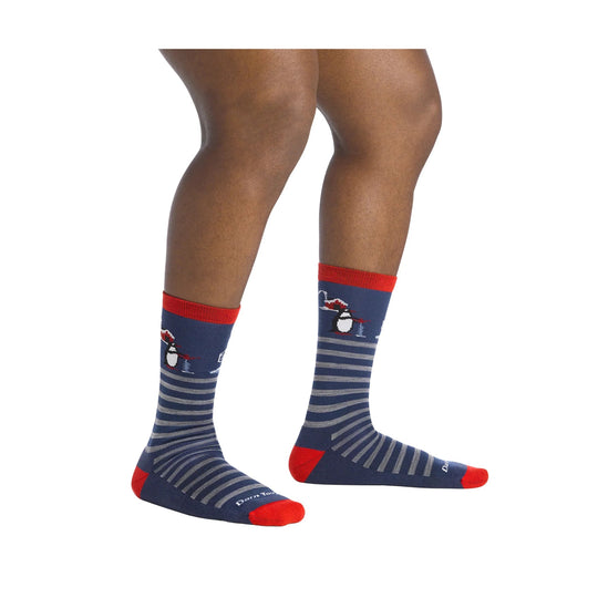 Navy crew socks with gray stripes, red cuffs and toes, and a polar bear graphic