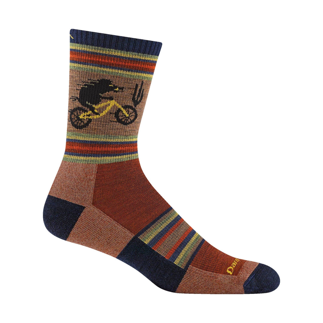 Striped brown and navy hiking sock with a cyclist and cactus graphic
