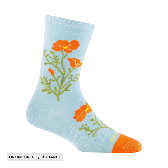 Light blue crew sock with orange flowers, green stems, and orange toe; "ONLINE CREDIT/EXCHANGE" text at bottom