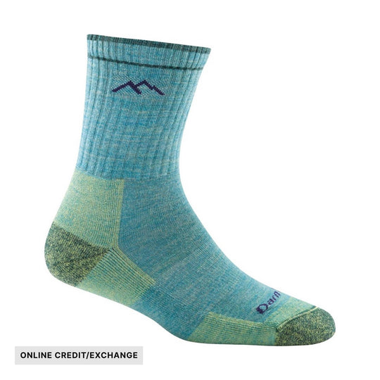 Blue-green mid-crew hiking sock with purple logo and visible online credit/exchange label