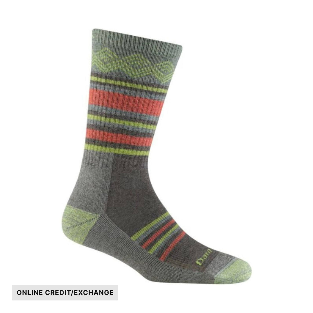 Gray crew sock with lime green and coral striped pattern