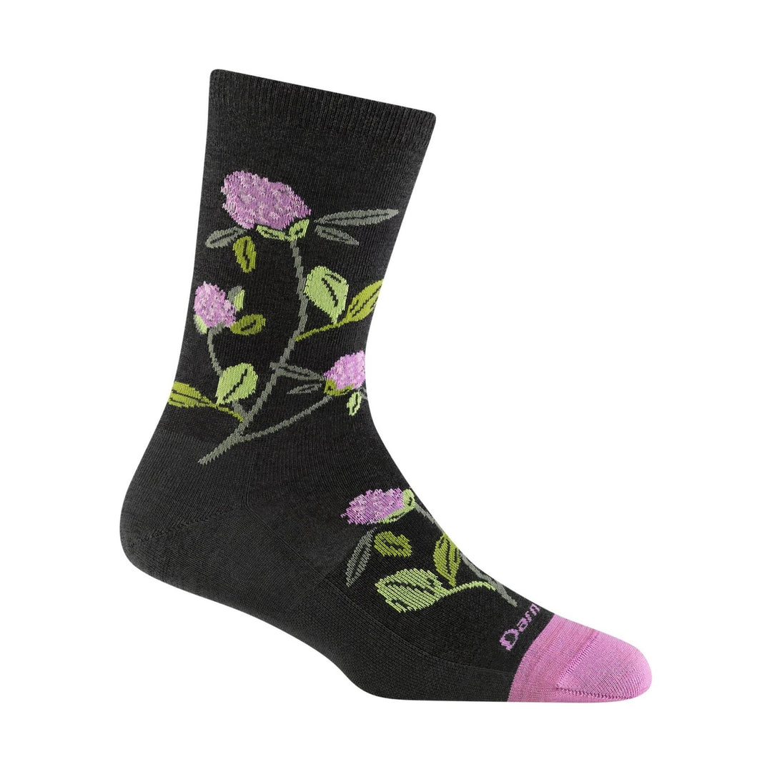 Black crew sock with pink flower and green leaf pattern and a pink toe and cuff
