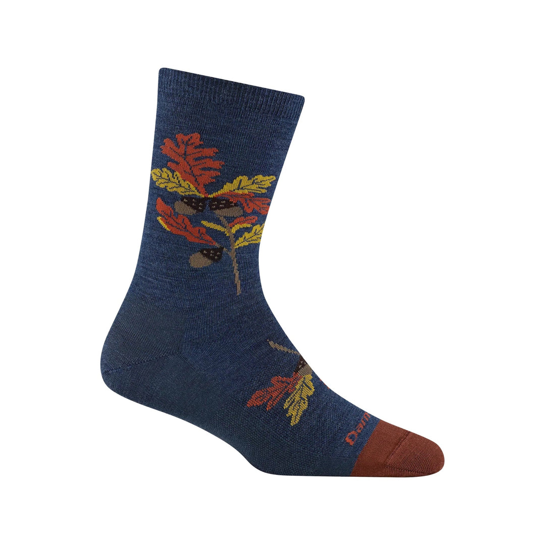 Navy crew sock with red, yellow, and brown leaf pattern and brown toe