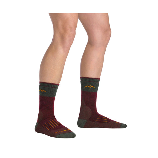 Maroon and olive crew hunting socks with orange stripe details