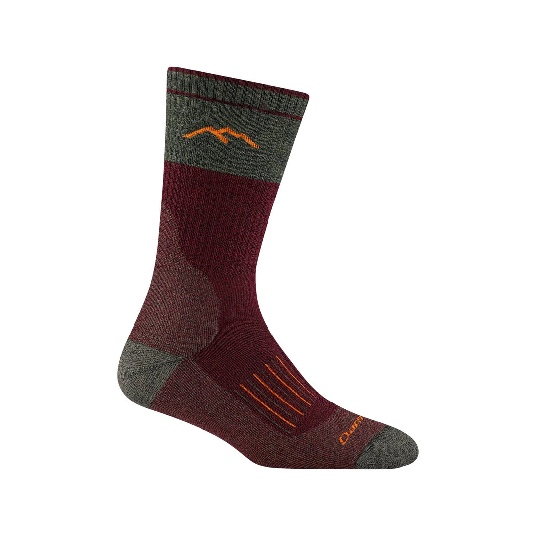 Mid-calf sock in burgundy and olive with gray heel and toe, orange mountain logo, and orange stripe details