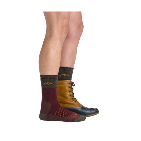 Maroon and charcoal midweight hiking socks worn with lace-up boots