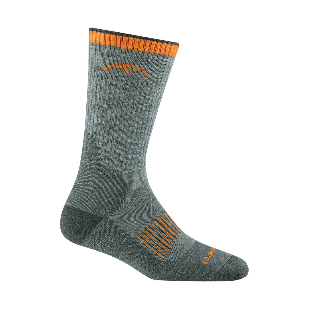 Gray knee-high wool sock with orange cuff, heel accents, and ribbed knit sections