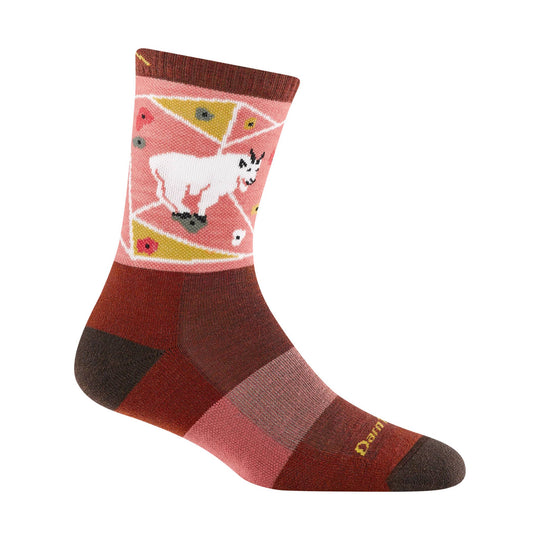 Pink and brown crew hiking sock with a white goat graphic and patchwork pattern