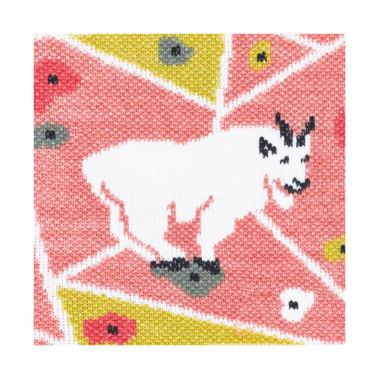 Pink hiking sock with white fox pattern and yellow accent sections