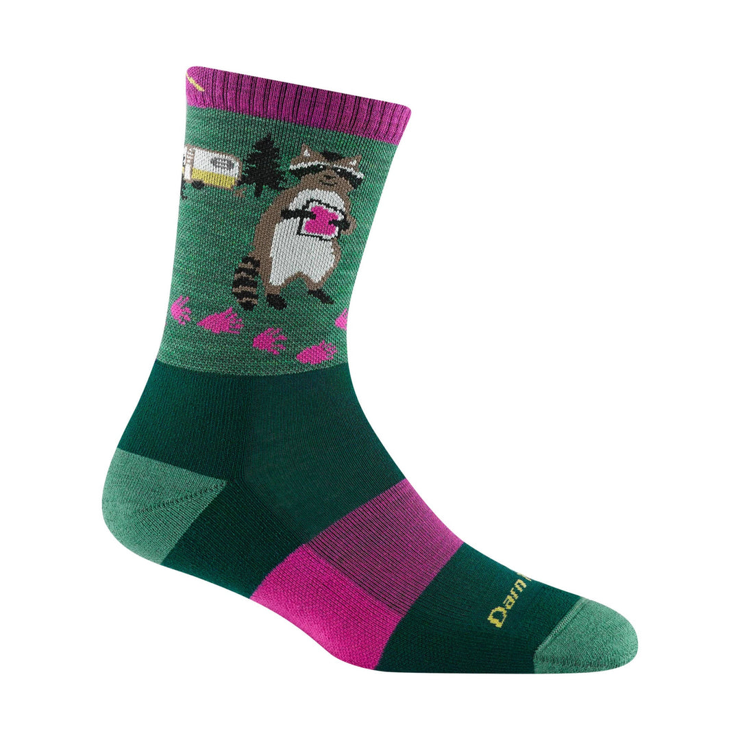 Green and magenta crew hiking sock with a raccoon graphic and small Darn text near the toe