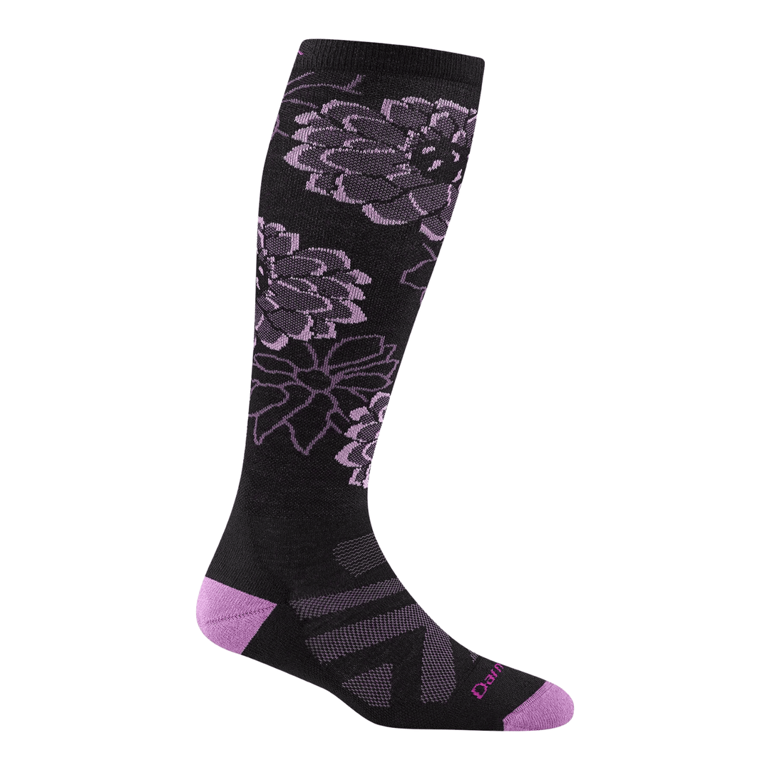 Black knee-high ski sock with purple floral pattern and purple heel and toe accents