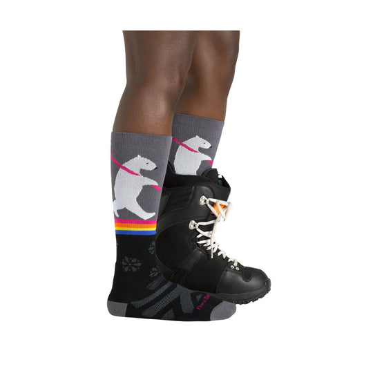 Gray and black over-the-calf ski socks with white bear graphics and pink and rainbow stripes
