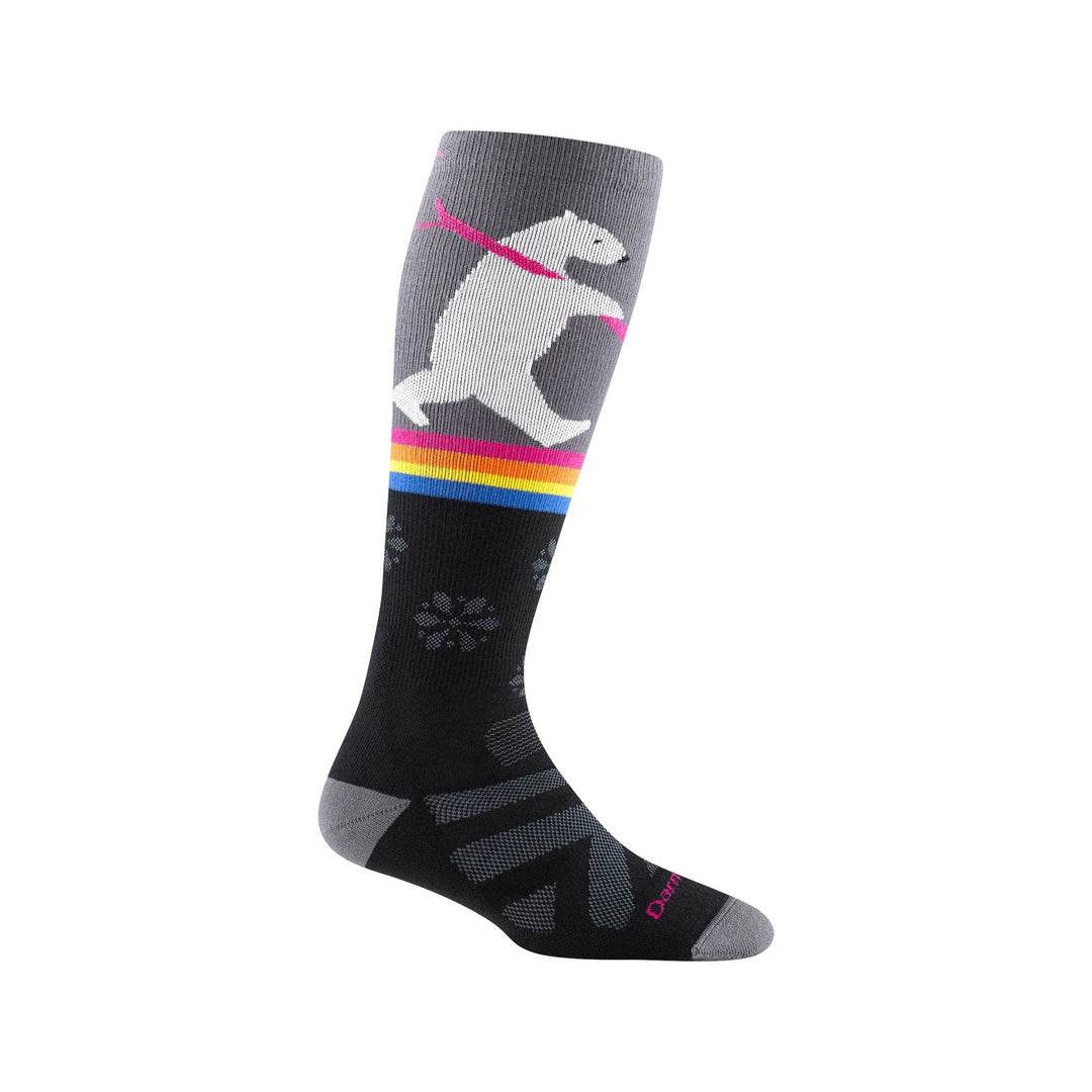 Black and gray knee-high ski sock with a white polar bear graphic and rainbow stripes