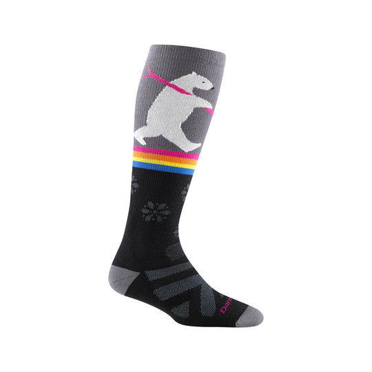 Black and gray knee-high ski sock with a white polar bear graphic and rainbow stripes