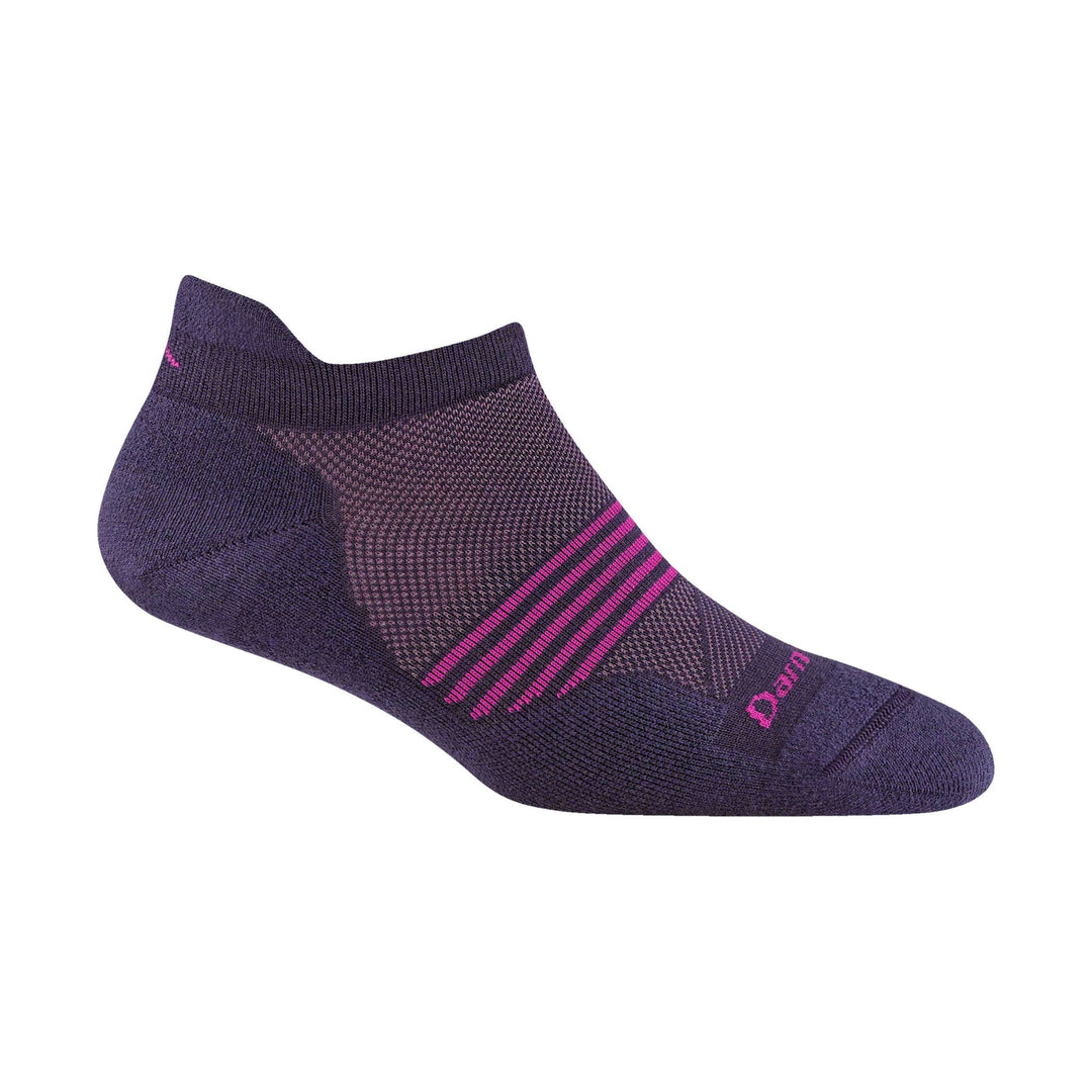 Purple ankle running sock with pink stripes and a low-cut tab collar