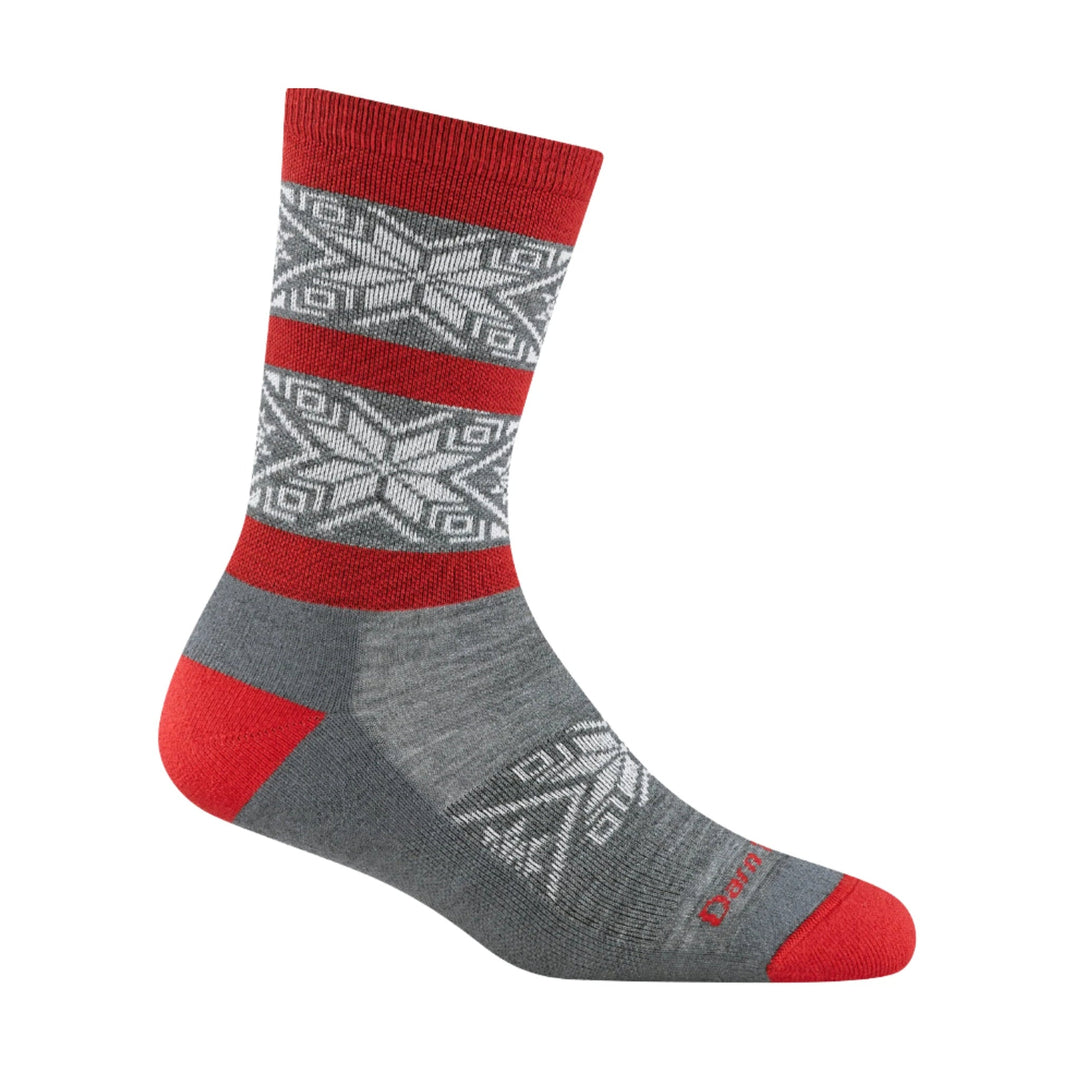 Gray and red crew sock with snowflake knit pattern and reinforced heel and toe