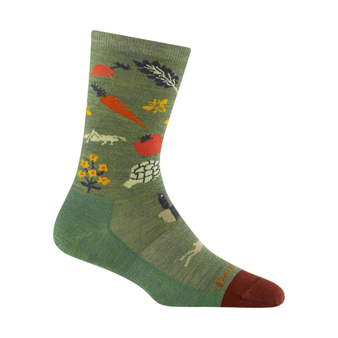 Olive green crew sock with fruit and flower pattern, orange toe and heel, and visible Darn text