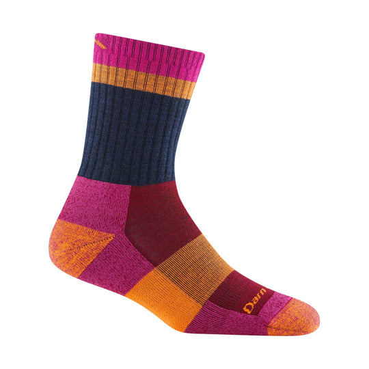 Color-blocked hiking sock in magenta, orange, burgundy, and navy with visible Darn logo