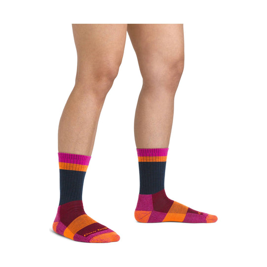Colorblocked mid-calf hiking socks with magenta, orange, burgundy, and dark navy stripes