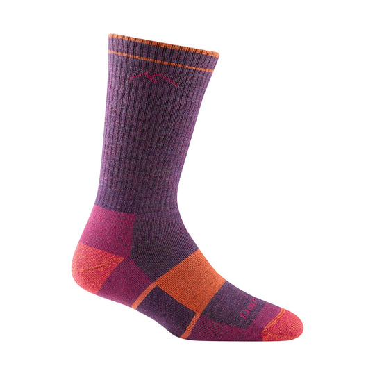 Purple and orange midweight hiking sock with a ribbed cuff and color-blocked pattern
