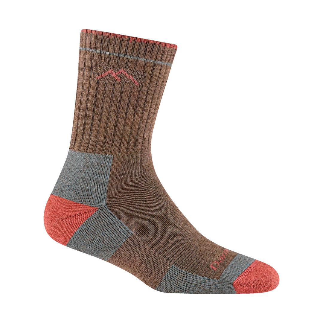 Brown and gray crew hiking sock with coral accents and visible ankle arch logo