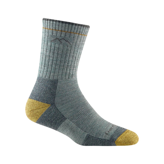 Gray crew hiking sock with mustard heel and toe accents