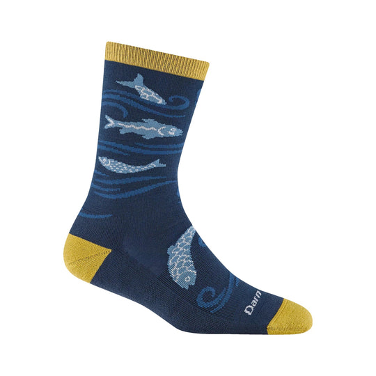 Navy crew sock with yellow cuff, heel, and toe, fish pattern, and visible "Darn" text