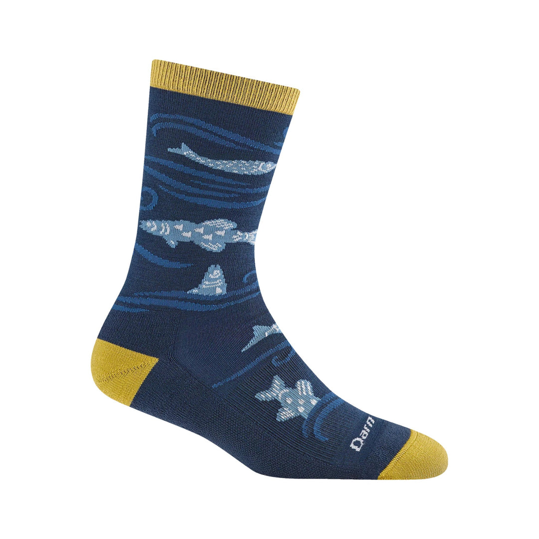 Navy crew sock with yellow cuff, heel, and toe, featuring blue wave-like stripes and fish patterns