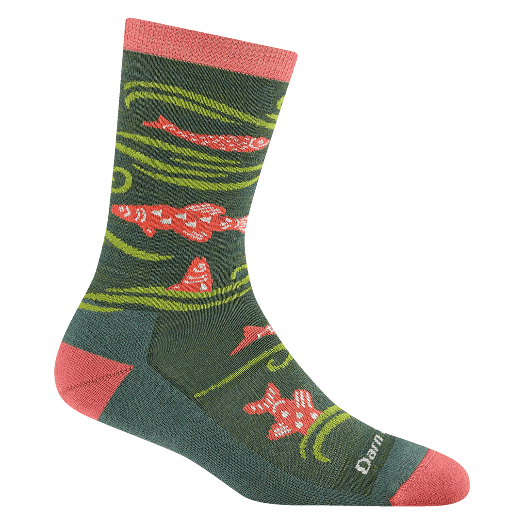 Green crew sock with coral cuff and heel, lime wave pattern, and red fish and star motifs