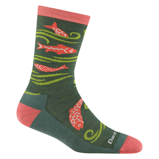 Green crew sock with pink cuffs and heels, featuring red fish and lime wave patterns