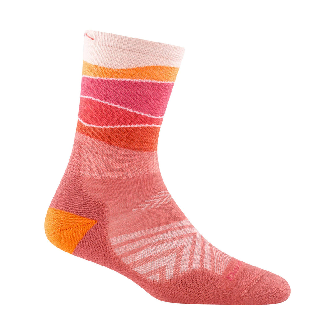 Pink and coral striped crew sock with orange toe and heel, shown in side view
